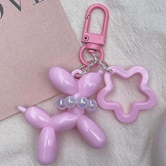 Pink Balloon Dog purse bag clip with pearl necklace Keychain - Picture 2 of 2